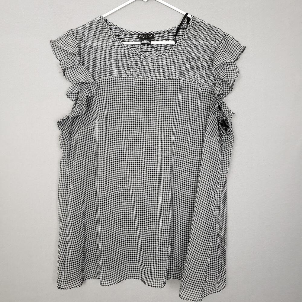 City Chic Plus Size 18 Ruffle Trim Flutter Sleeve Blouse Black‎ White Checkered